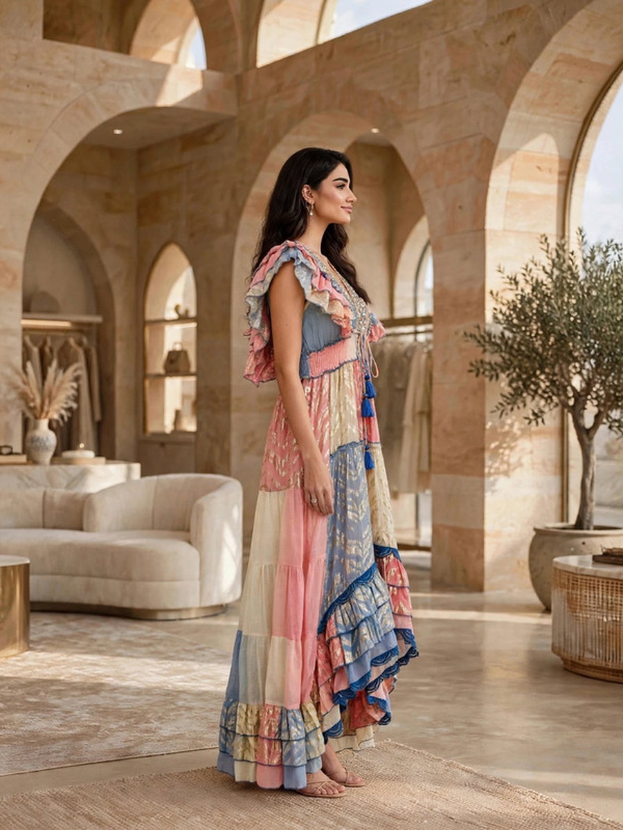 Metallic Lurex Ruffled High-Low Maxi Dress