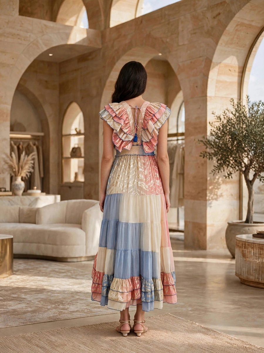 Metallic Lurex Ruffled High-Low Maxi Dress