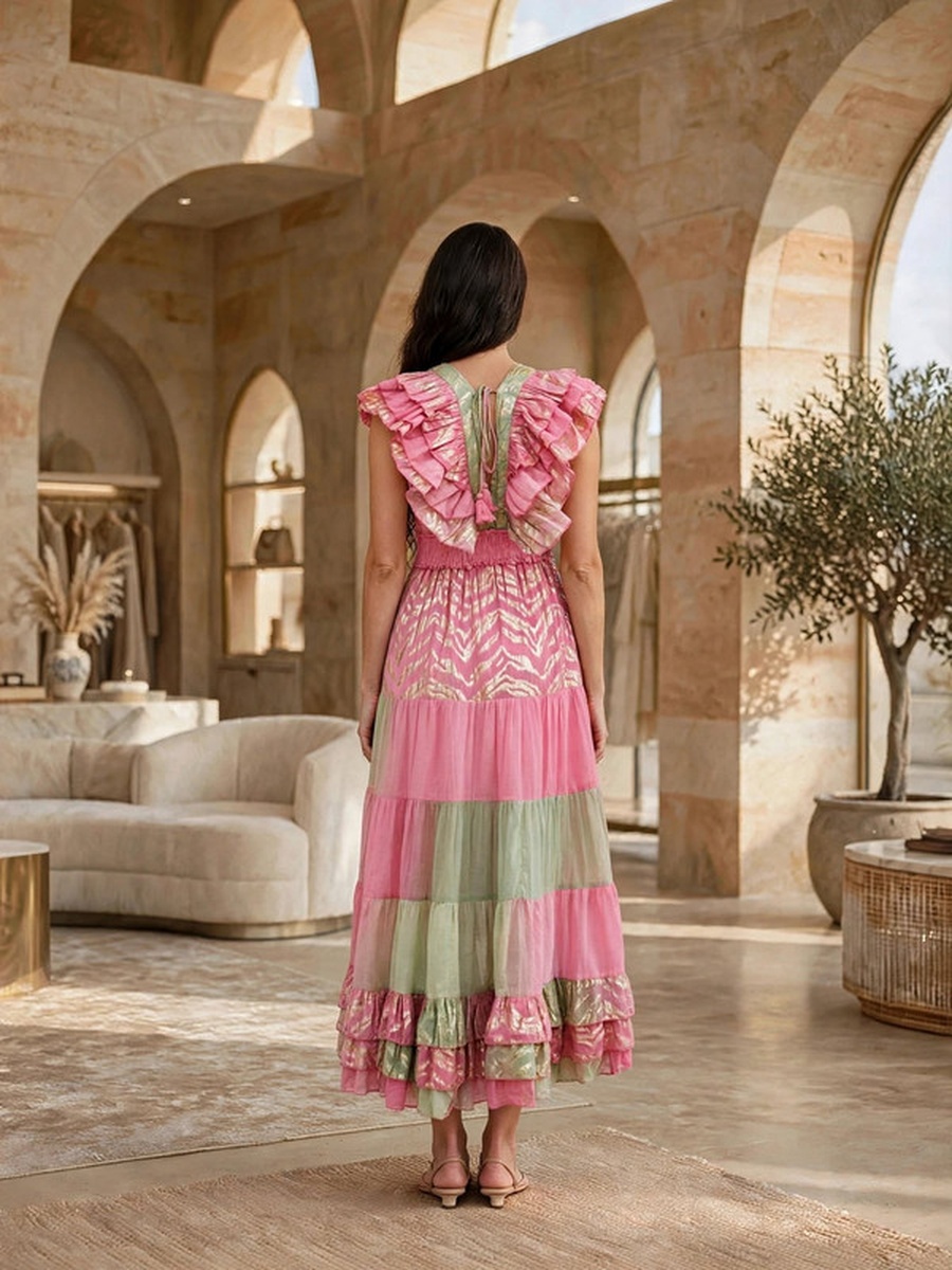 Metallic Lurex Ruffled High-Low Maxi Dress