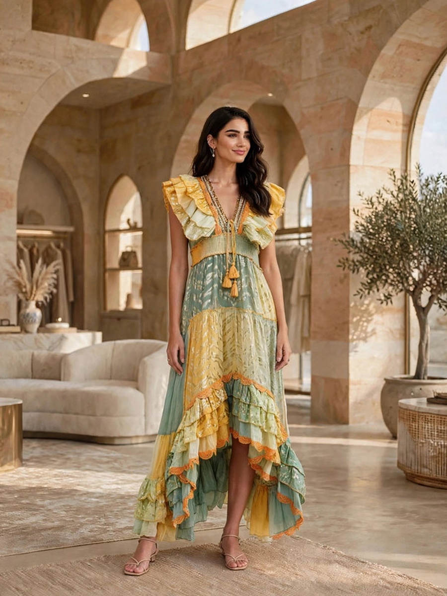 Metallic Lurex Ruffled High-Low Maxi Dress