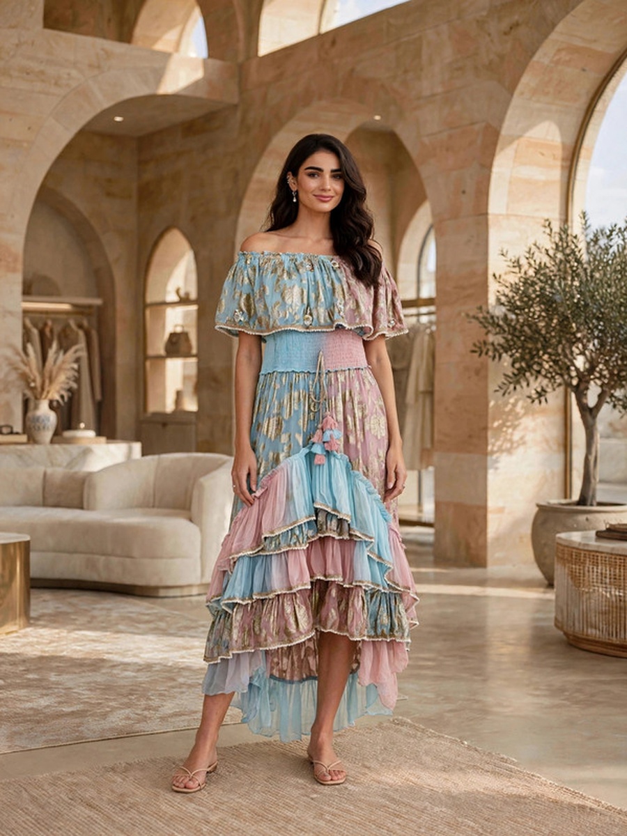 Metallic Jacquard Off-Shoulder Maxi Dress with Tassels