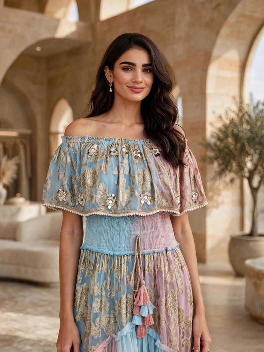Metallic Jacquard Off-Shoulder Maxi Dress with Tassels
