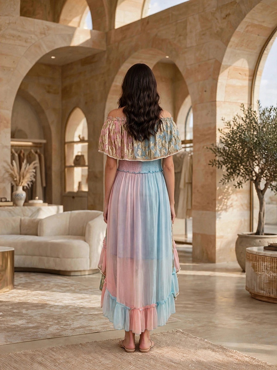 Metallic Jacquard Off-Shoulder Maxi Dress with Tassels