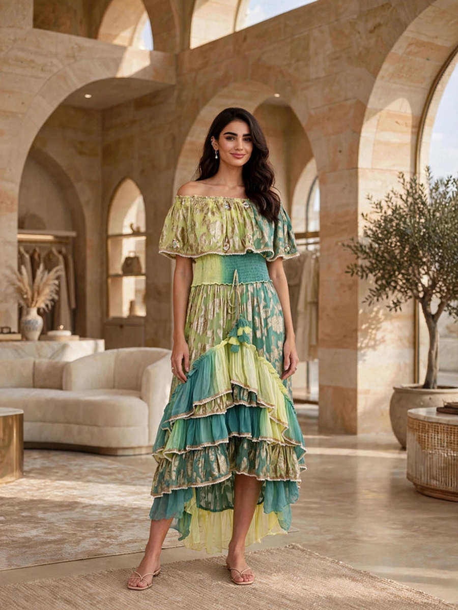 Metallic Jacquard Off-Shoulder Maxi Dress with Tassels
