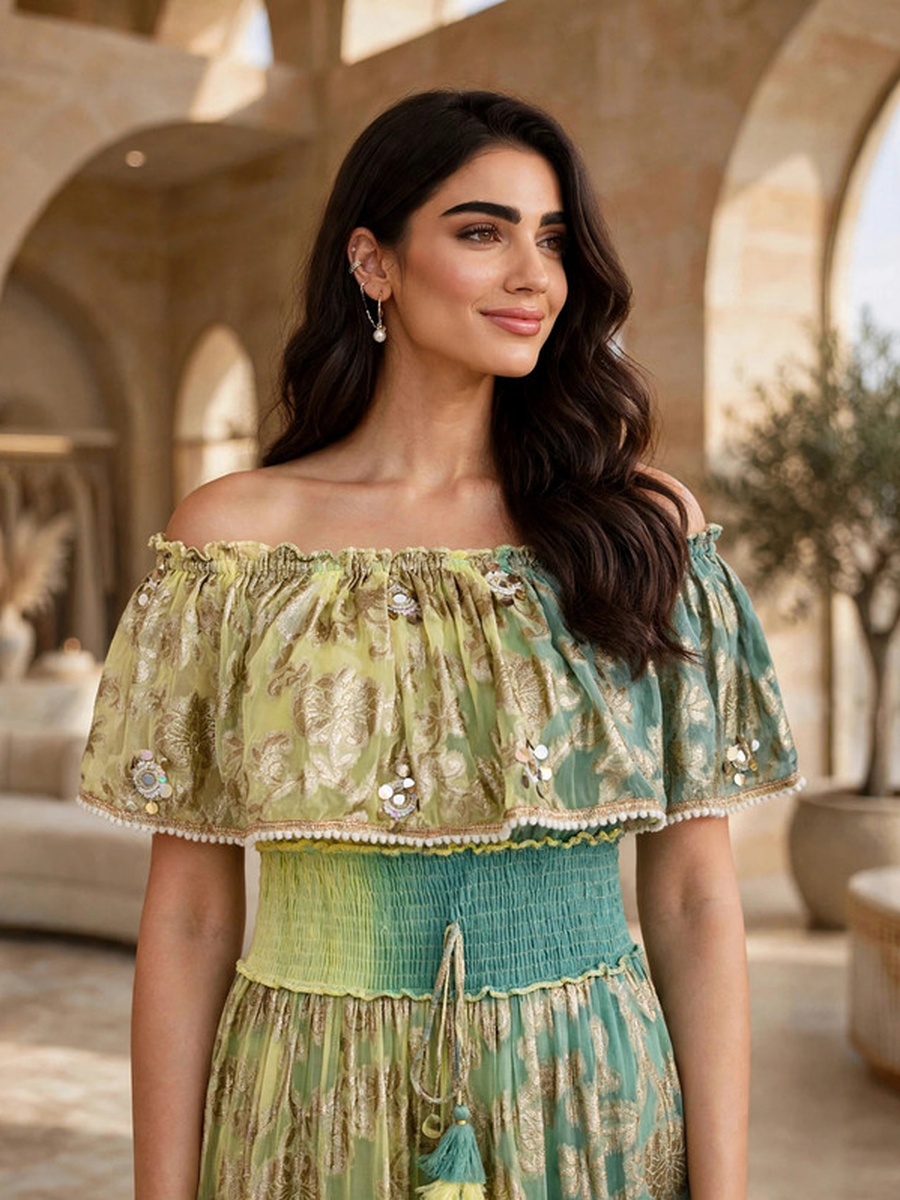 Metallic Jacquard Off-Shoulder Maxi Dress with Tassels