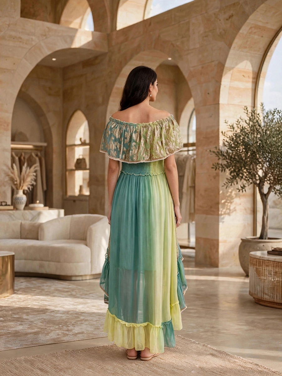 Metallic Jacquard Off-Shoulder Maxi Dress with Tassels