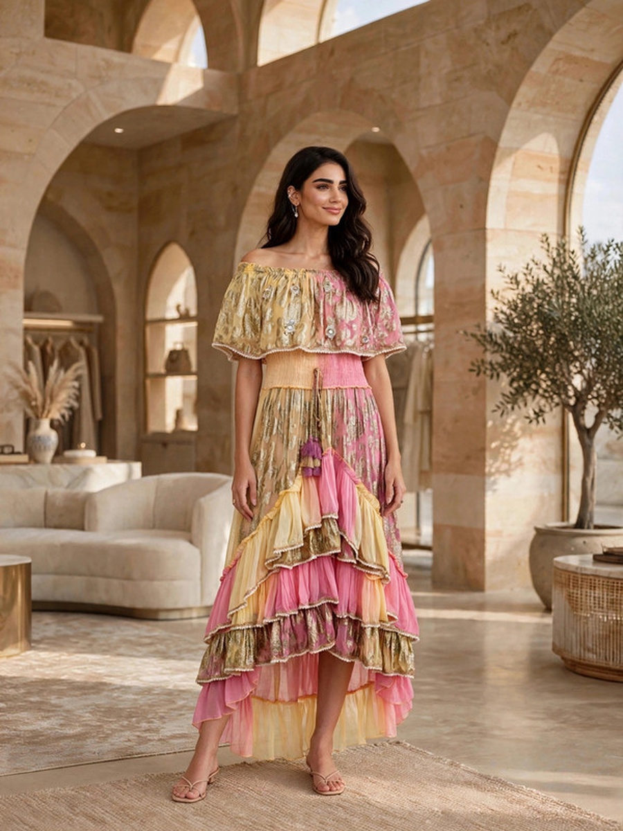 Metallic Jacquard Off-Shoulder Maxi Dress with Tassels