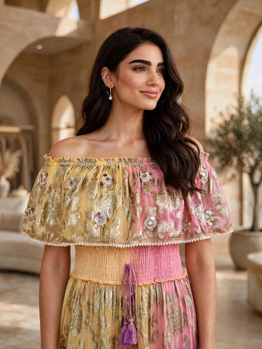 Metallic Jacquard Off-Shoulder Maxi Dress with Tassels