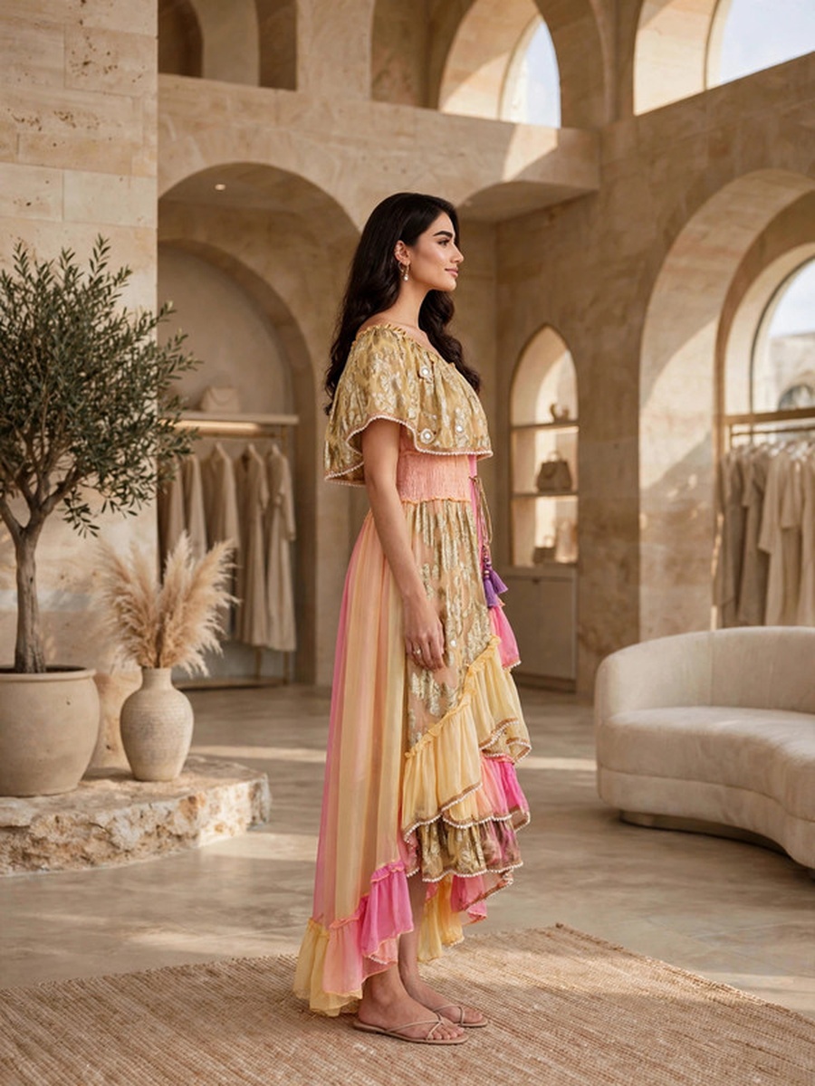 Metallic Jacquard Off-Shoulder Maxi Dress with Tassels