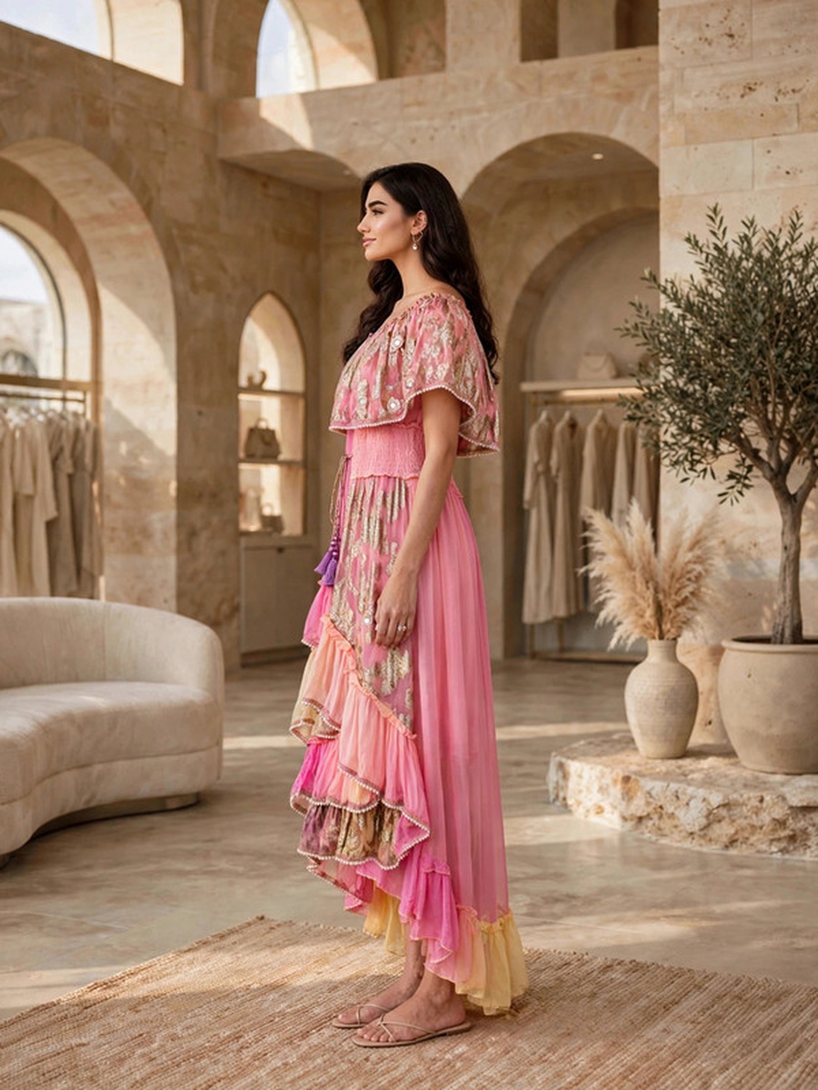 Metallic Jacquard Off-Shoulder Maxi Dress with Tassels