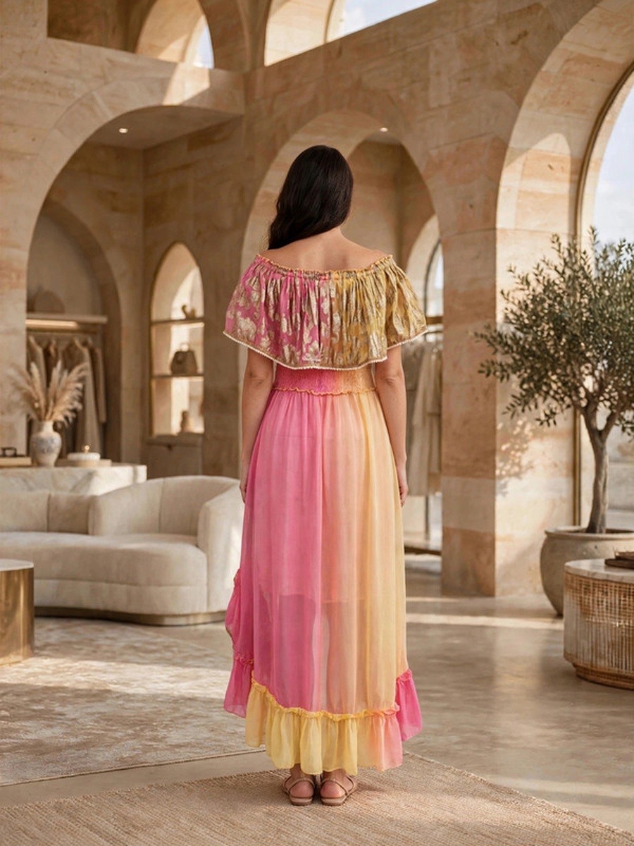 Metallic Jacquard Off-Shoulder Maxi Dress with Tassels