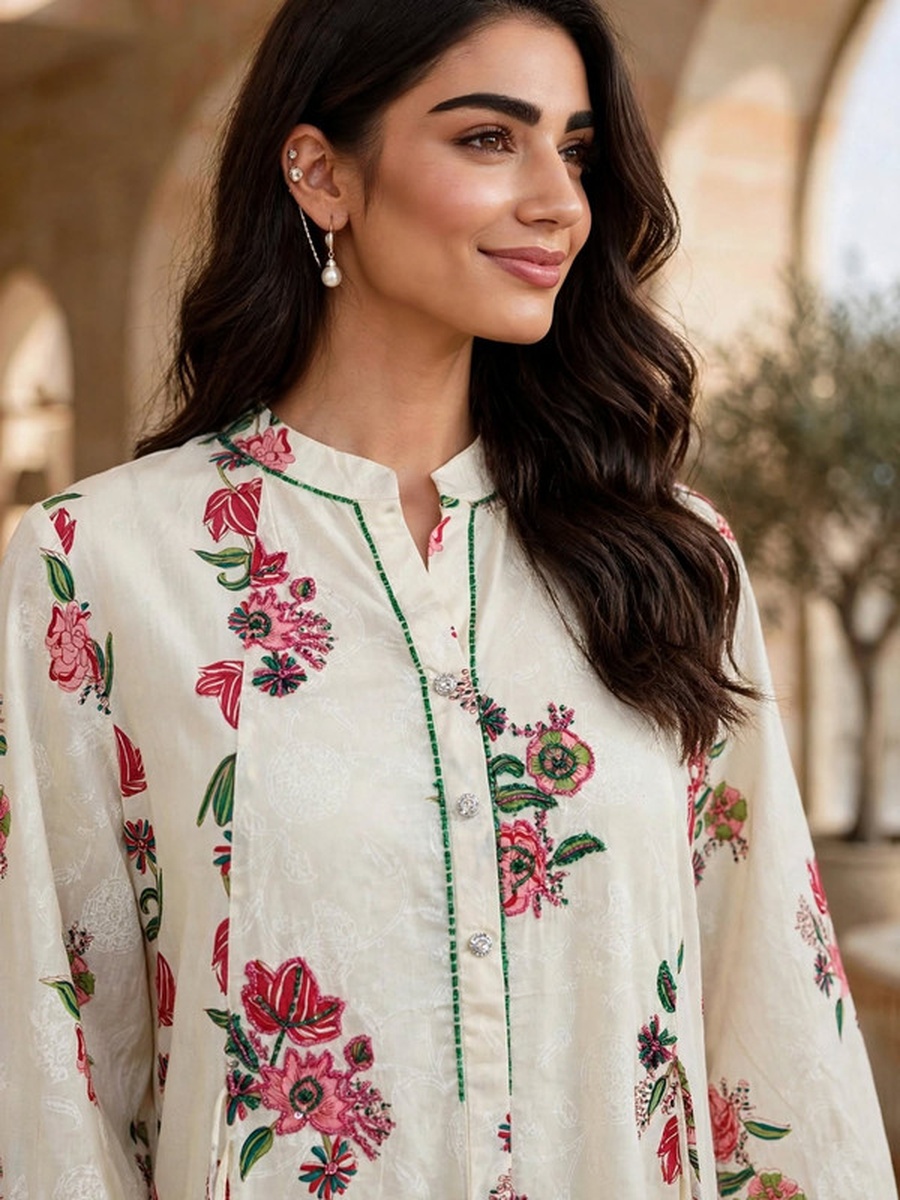 Floral Print Mandarin Collar Tasseled Jalabiya