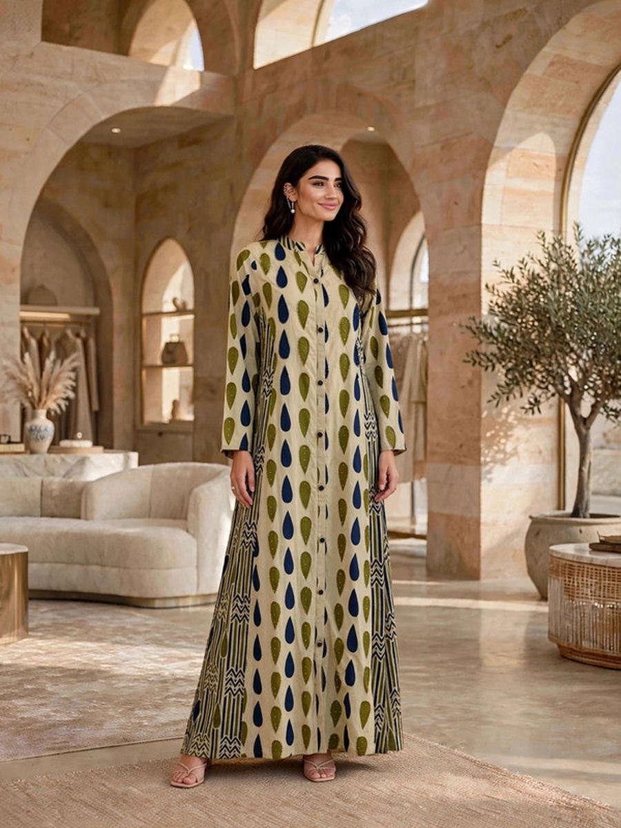 Geometric Pattern Buttoned Jalabiya