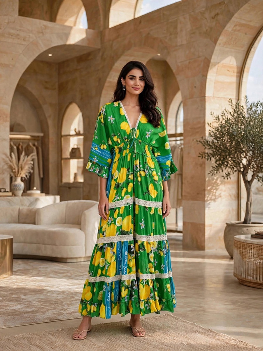 Vibrant Botanical V Neck Tiered Dress