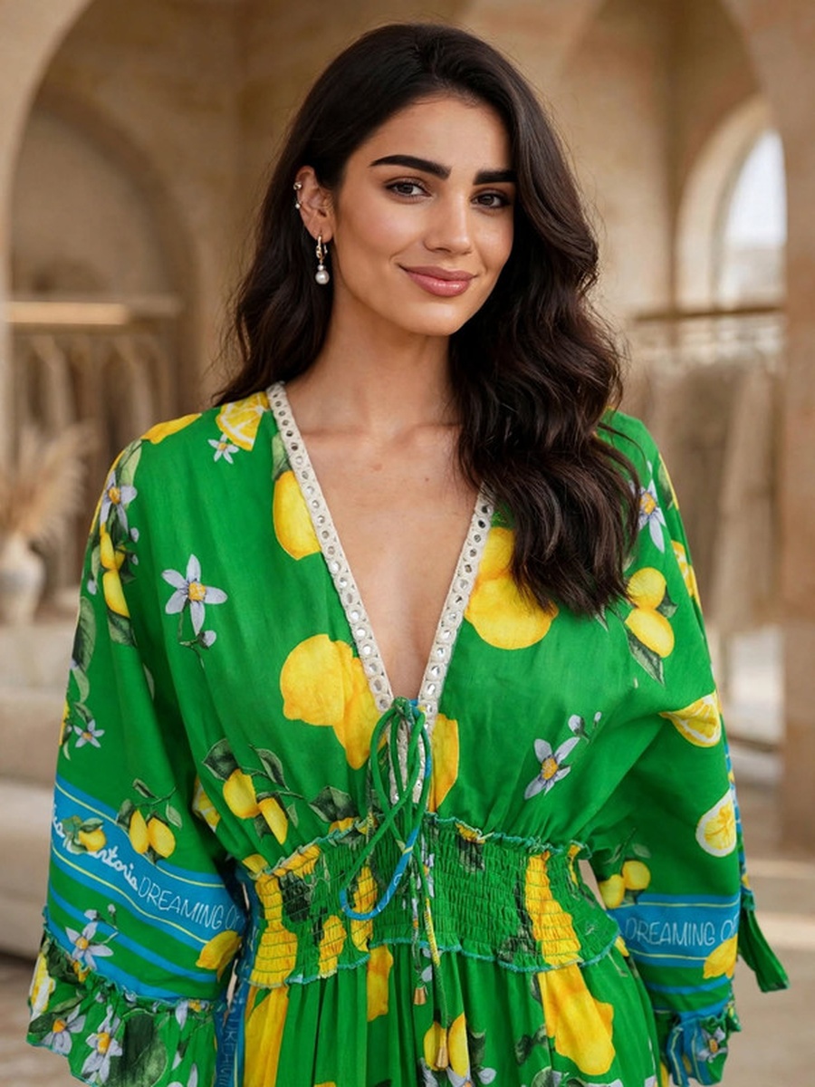 Vibrant Botanical V Neck Tiered Dress