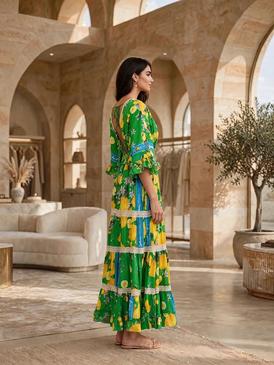Vibrant Botanical V Neck Tiered Dress
