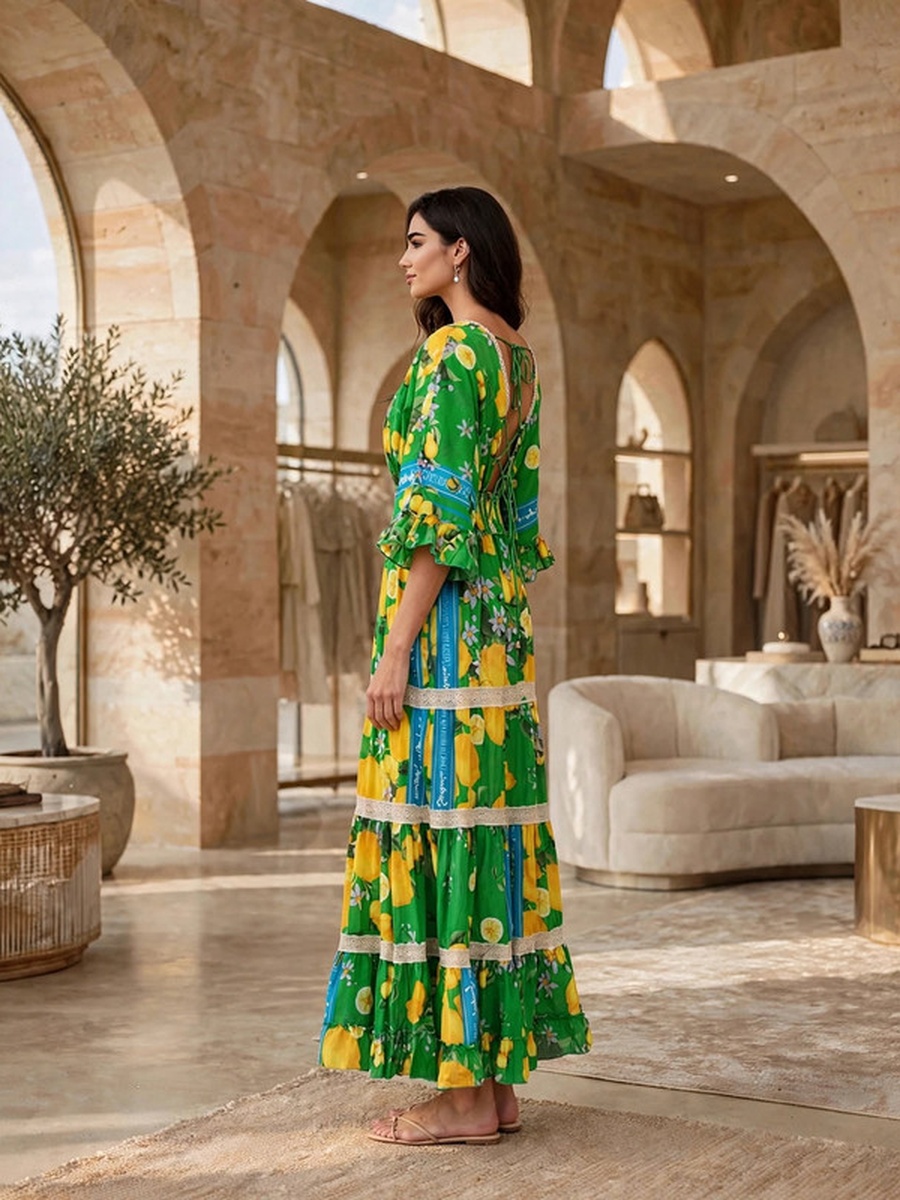 Vibrant Botanical V Neck Tiered Dress