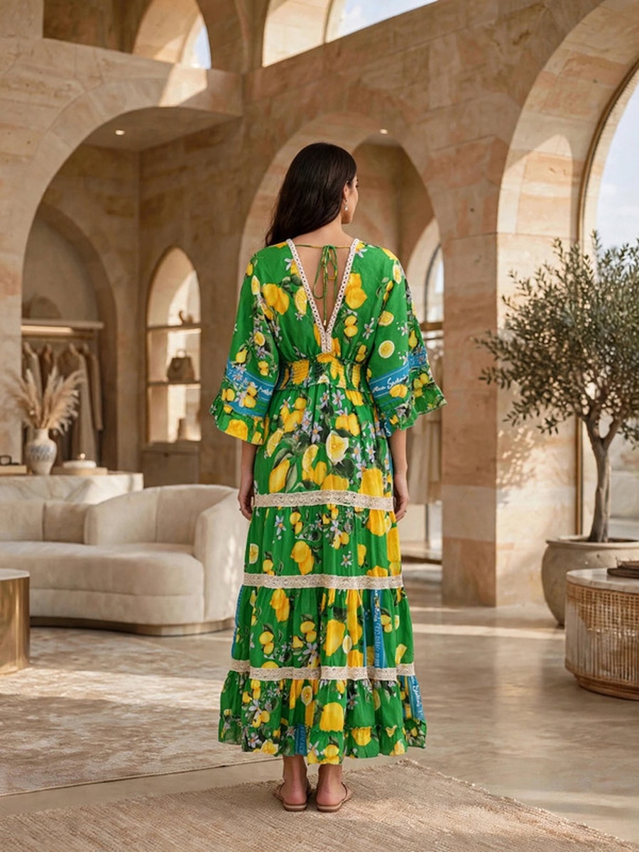 Vibrant Botanical V Neck Tiered Dress