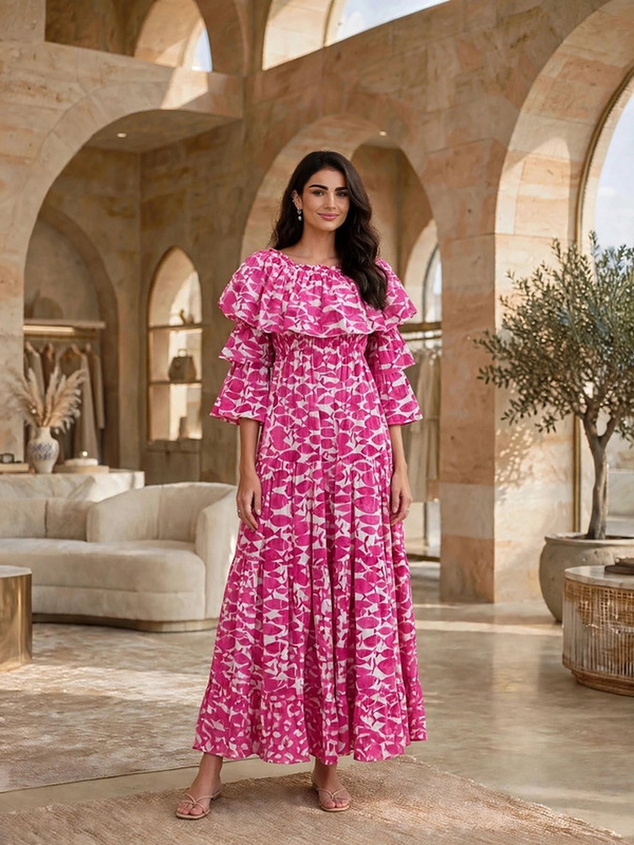 All Over Print Boat Neck Tiered Maxi Dress