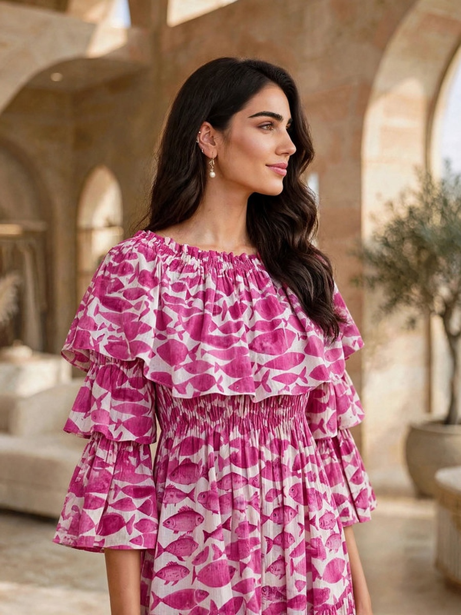 All Over Print Boat Neck Tiered Maxi Dress