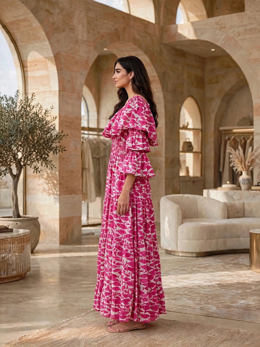 All Over Print Boat Neck Tiered Maxi Dress