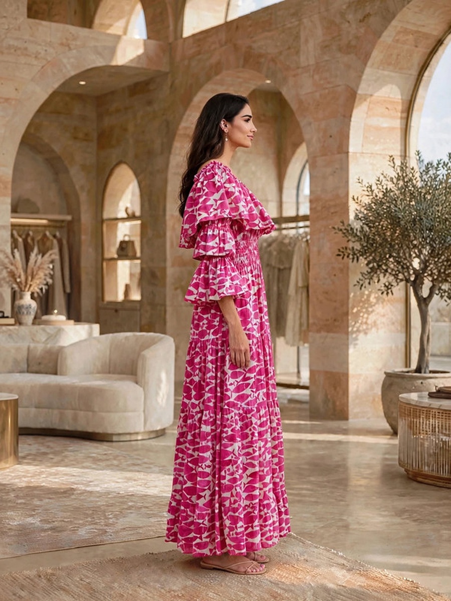 All Over Print Boat Neck Tiered Maxi Dress