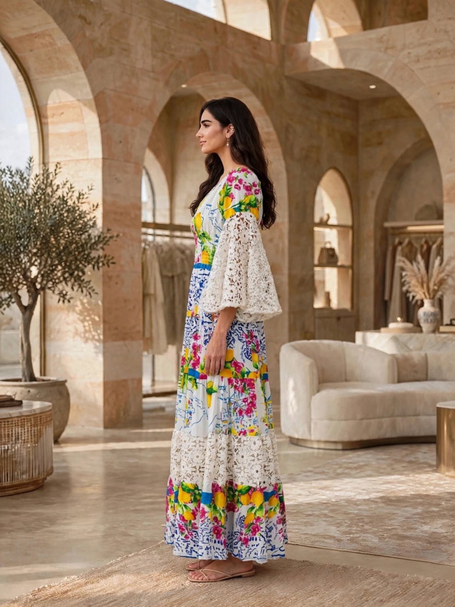 Lace Bell Sleeve Tiered Printed Maxi Dress