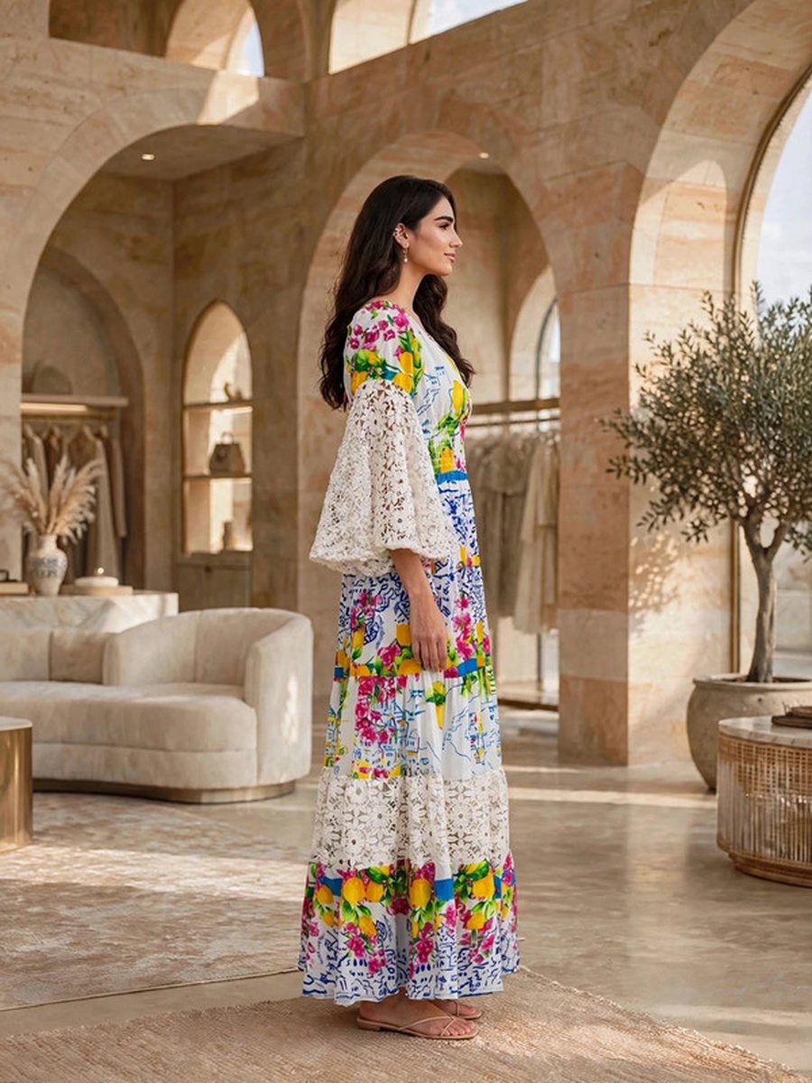 Lace Bell Sleeve Tiered Printed Maxi Dress