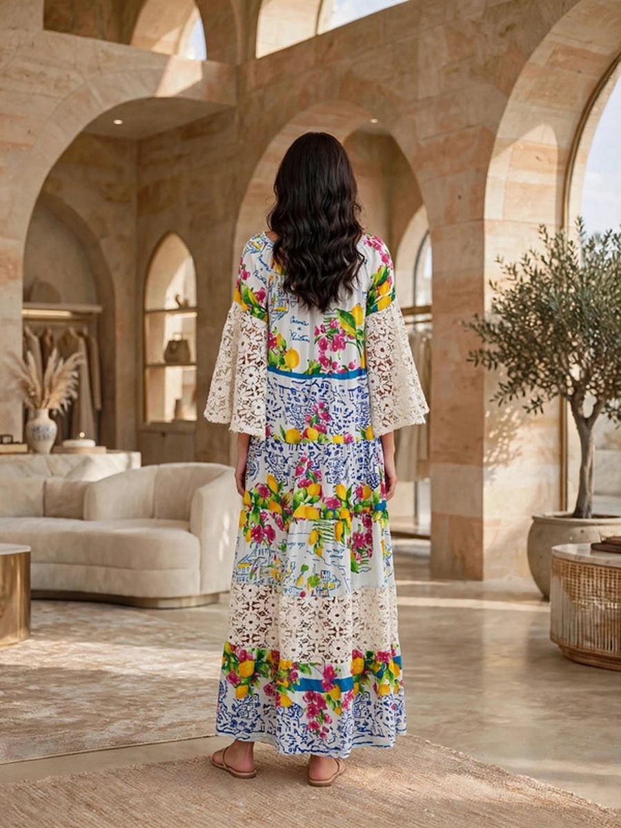 Lace Bell Sleeve Tiered Printed Maxi Dress