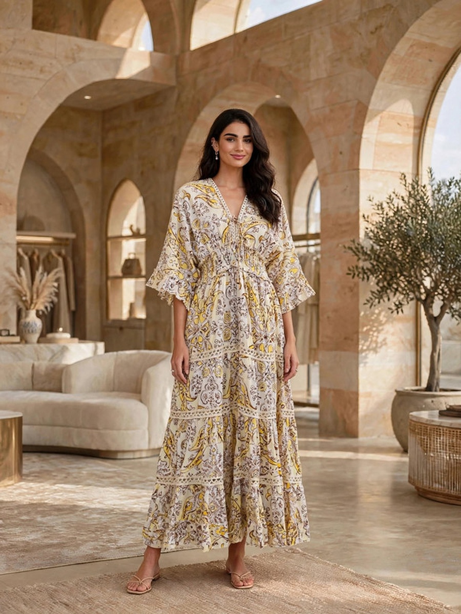 Paisley Print V Neck Smocked Waist Tiered Maxi Dress