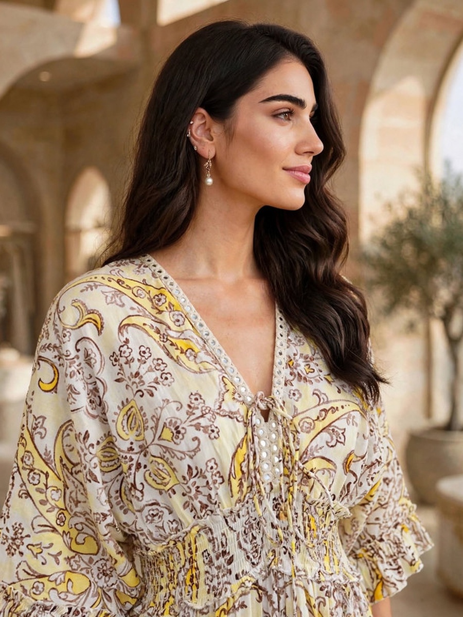 Paisley Print V Neck Smocked Waist Tiered Maxi Dress