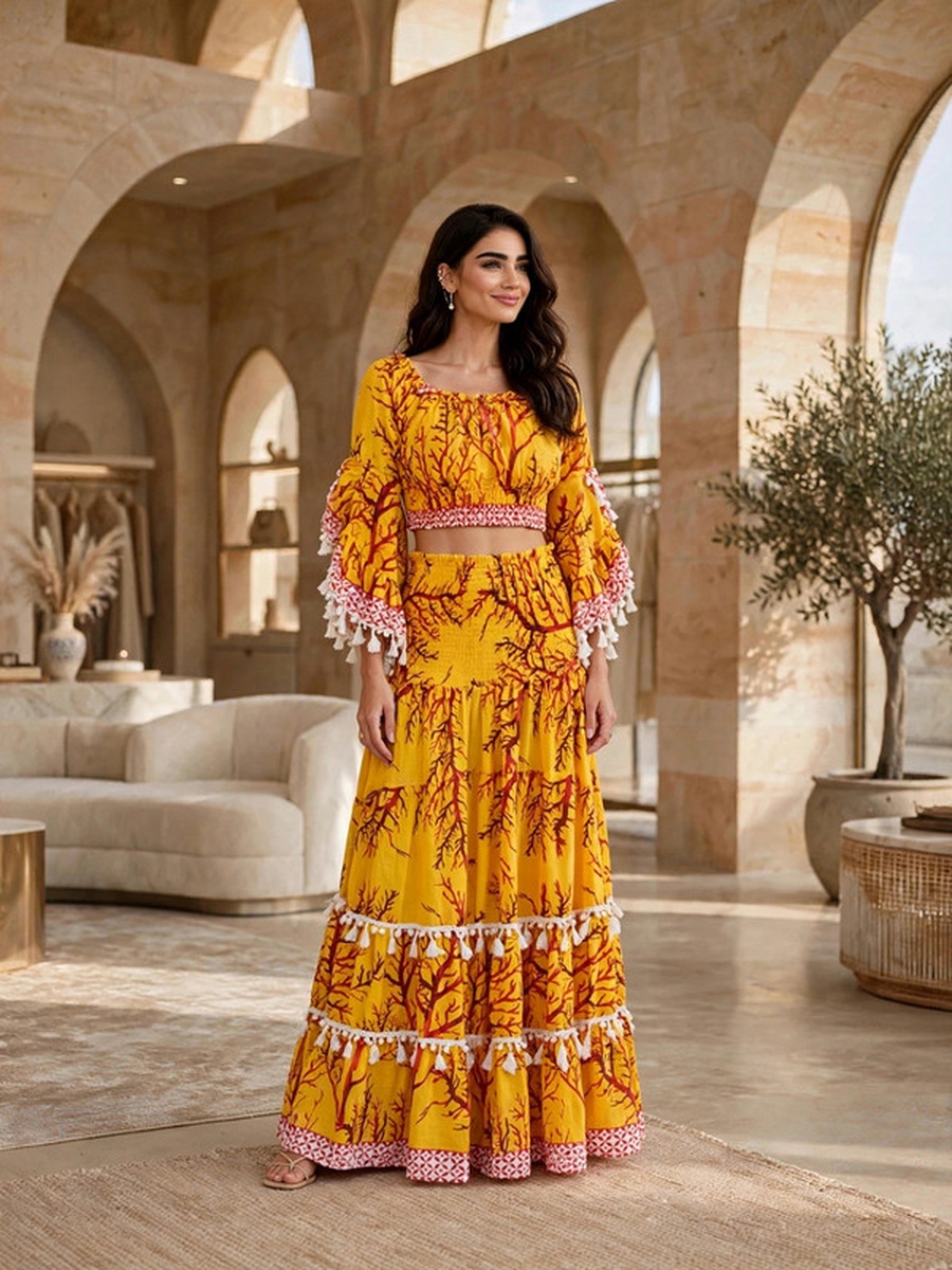 Floral Print Crop Top and Tiered Maxi Skirt Two-Piece Set