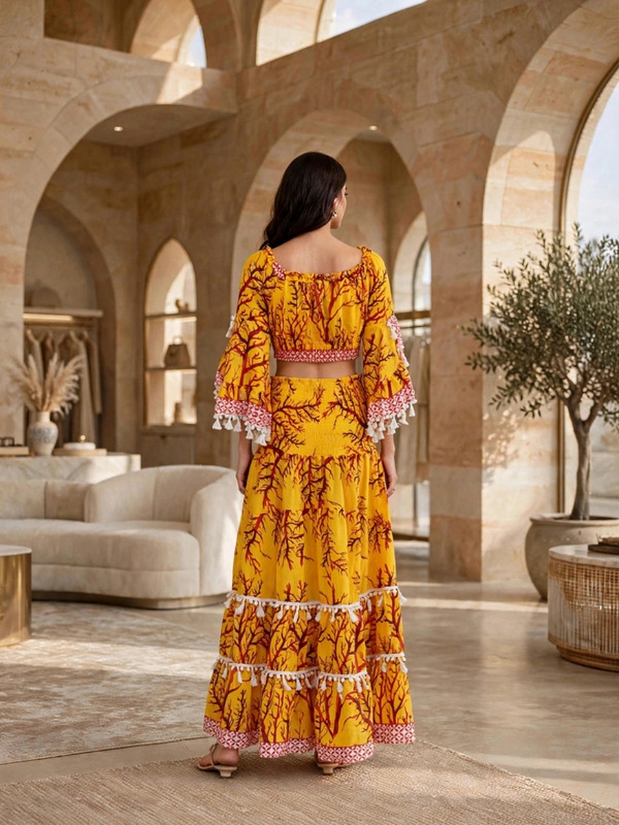 Floral Print Crop Top and Tiered Maxi Skirt Two-Piece Set