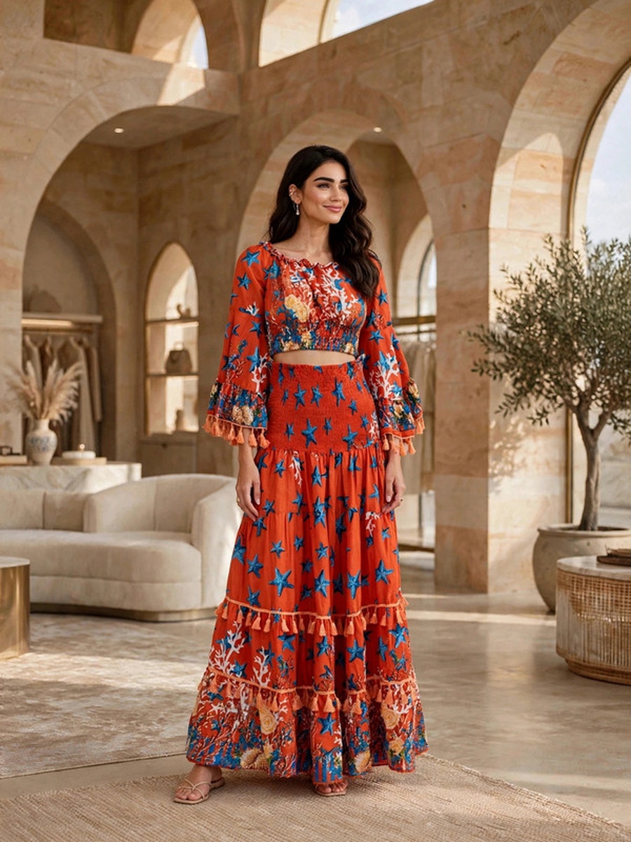Floral Print Crop Top and Tiered Maxi Skirt Two-Piece Set