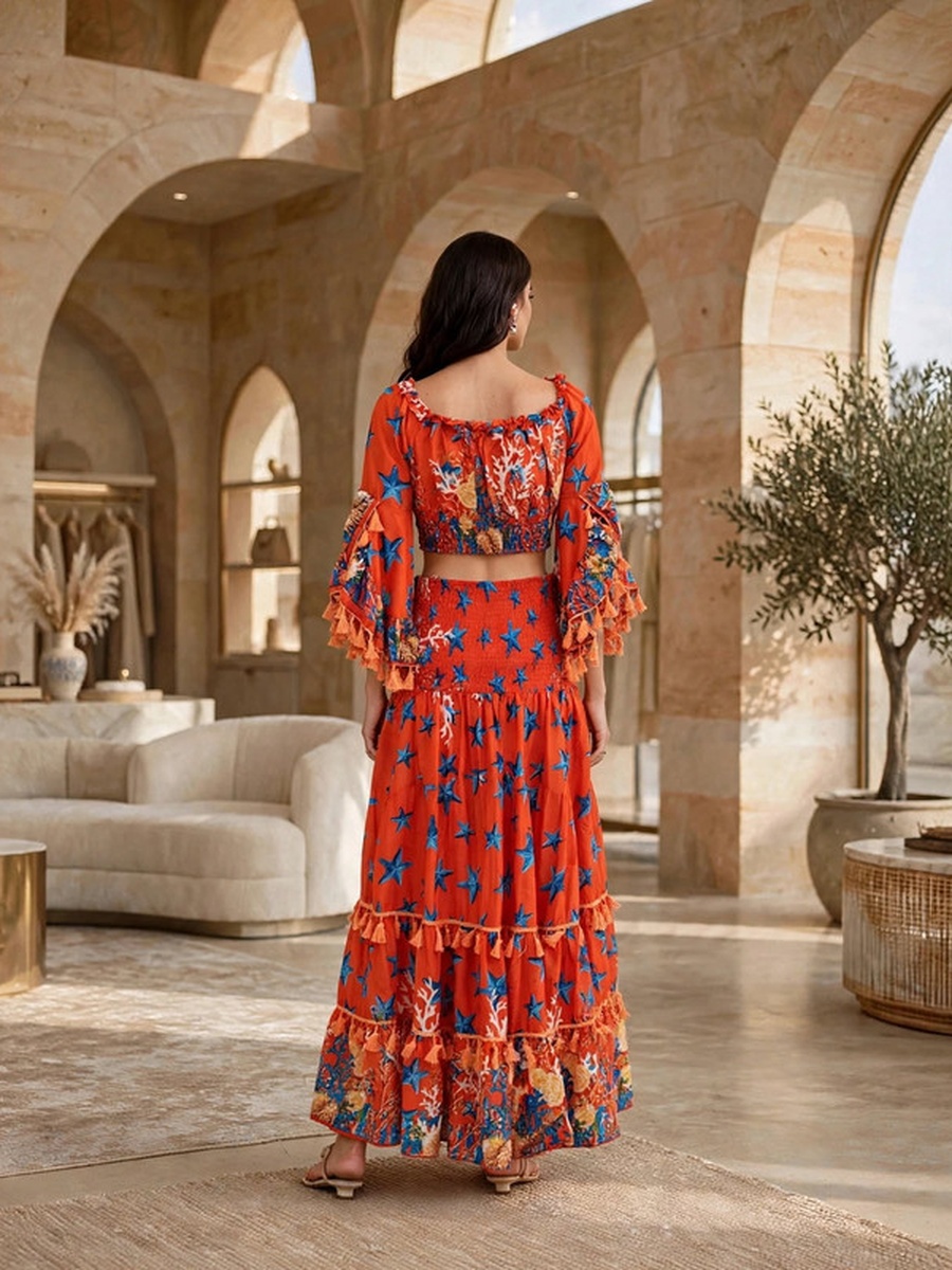 Floral Print Crop Top and Tiered Maxi Skirt Two-Piece Set