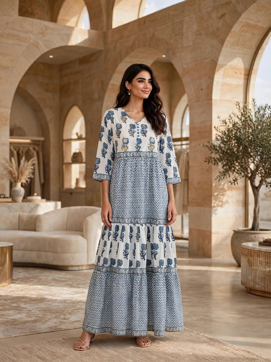 Floral Block Print Tiered Jalabiya