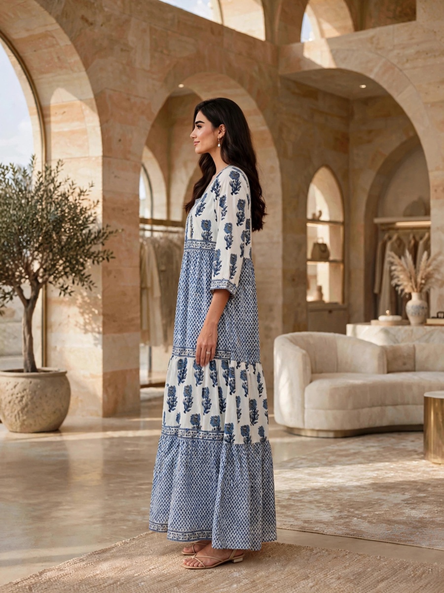 Floral Block Print Tiered Jalabiya