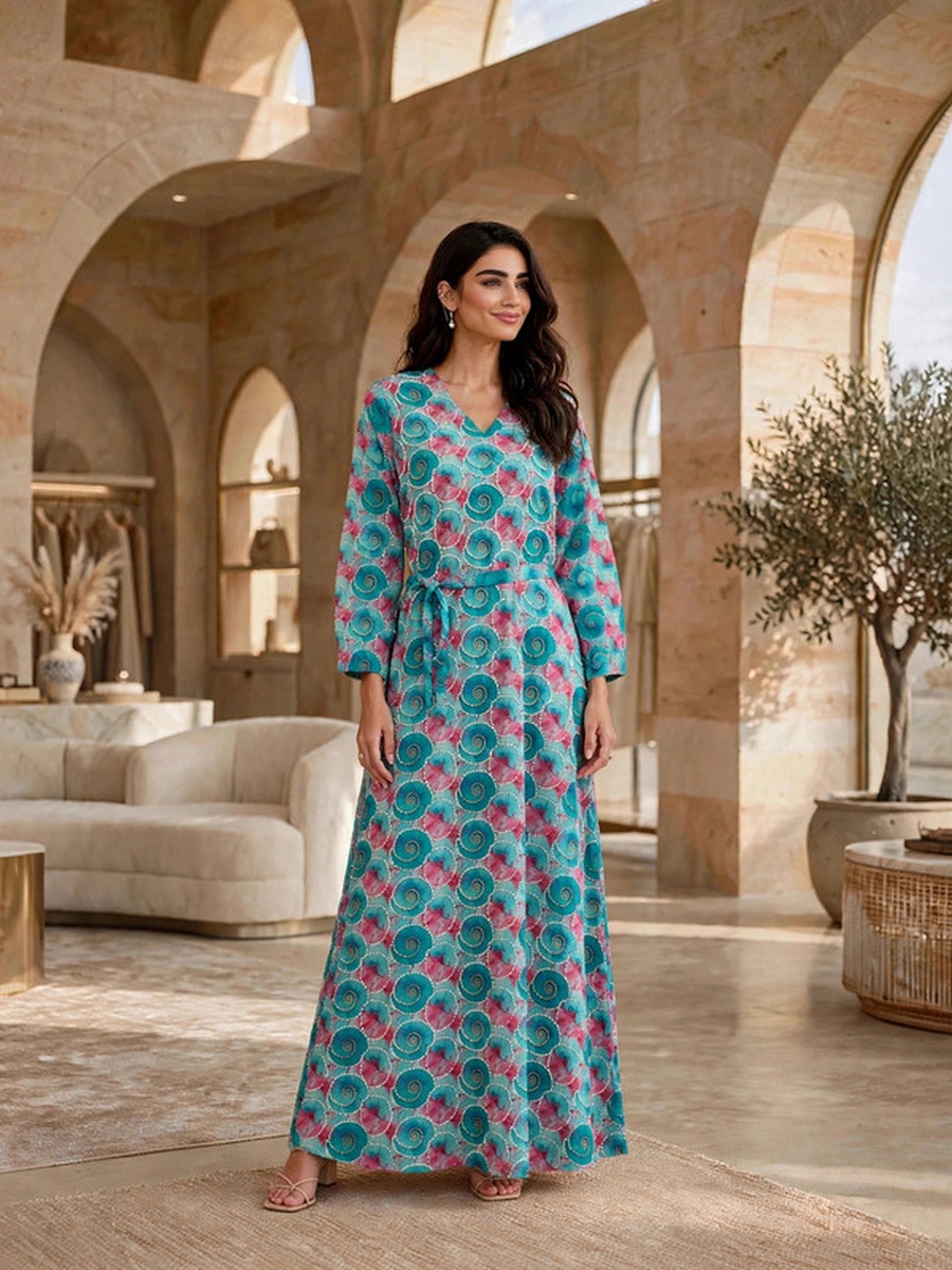 Geometric Motif Belted V Neck Jalabiya