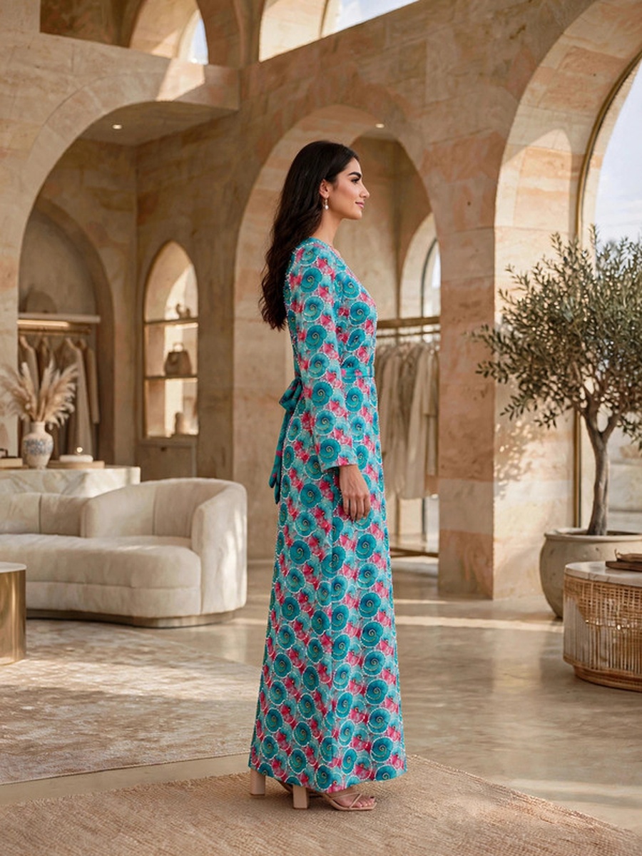 Geometric Motif Belted V Neck Jalabiya