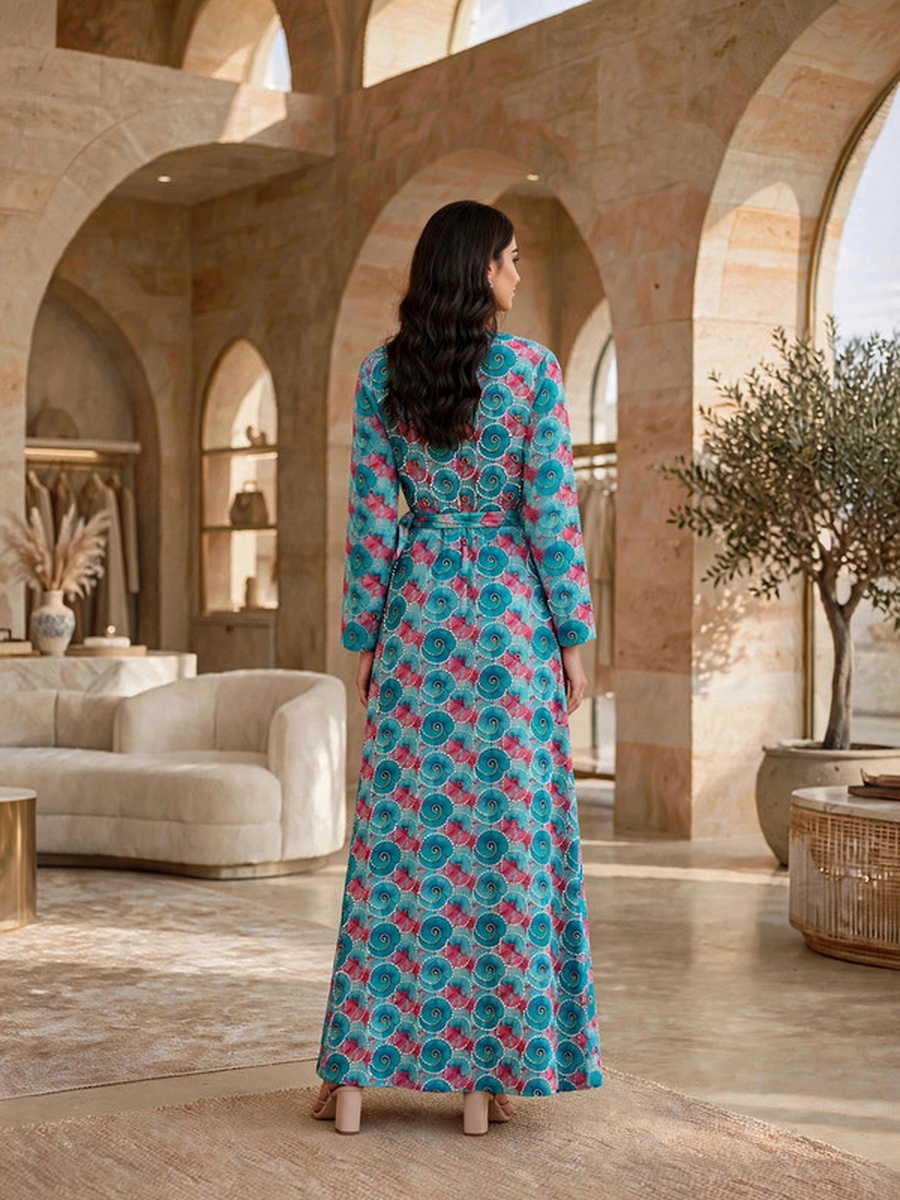 Geometric Motif Belted V Neck Jalabiya