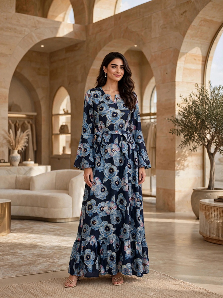 Floral Print Belted V Neck Jalabiya