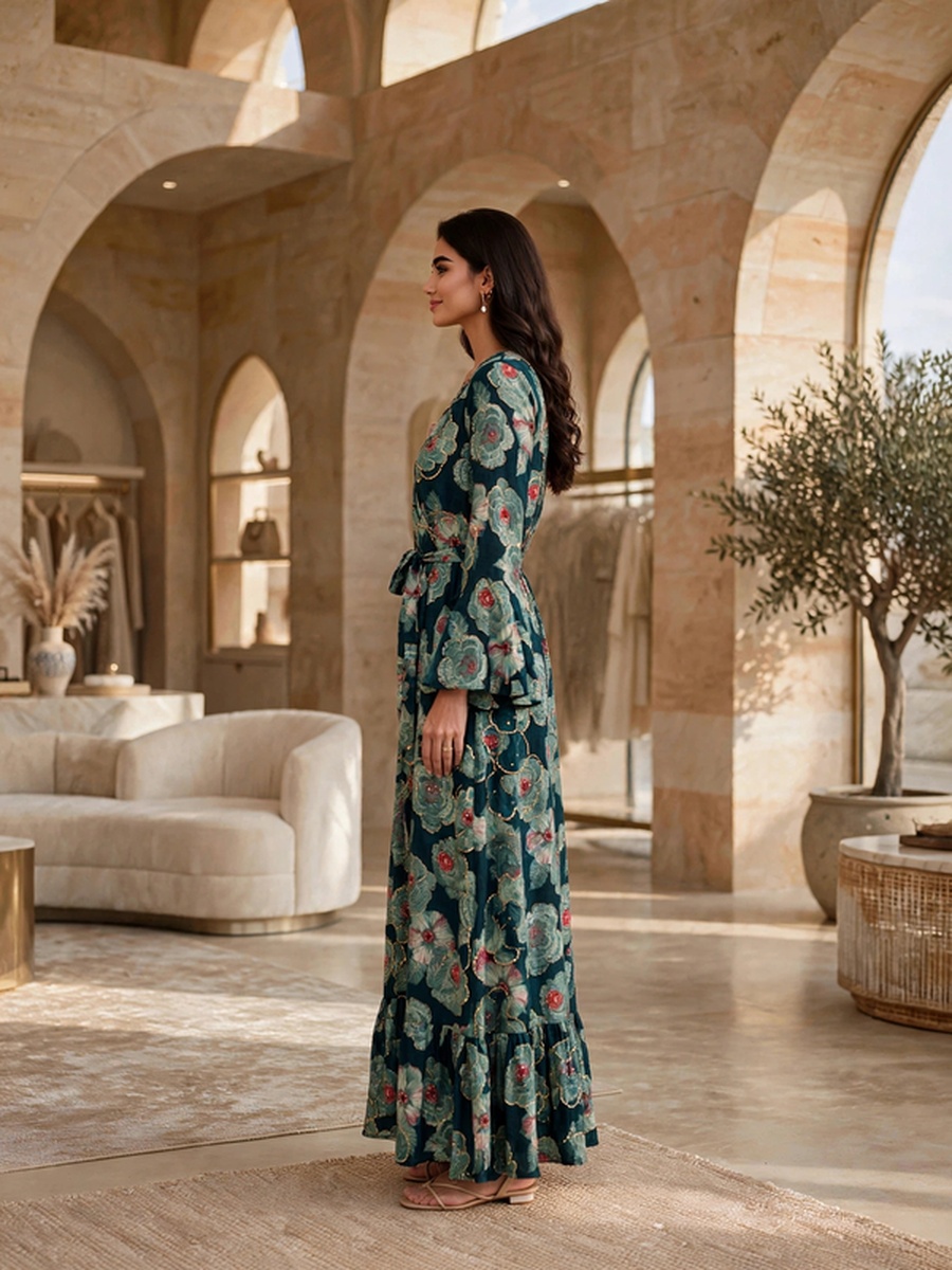 Floral Print Belted V Neck Jalabiya