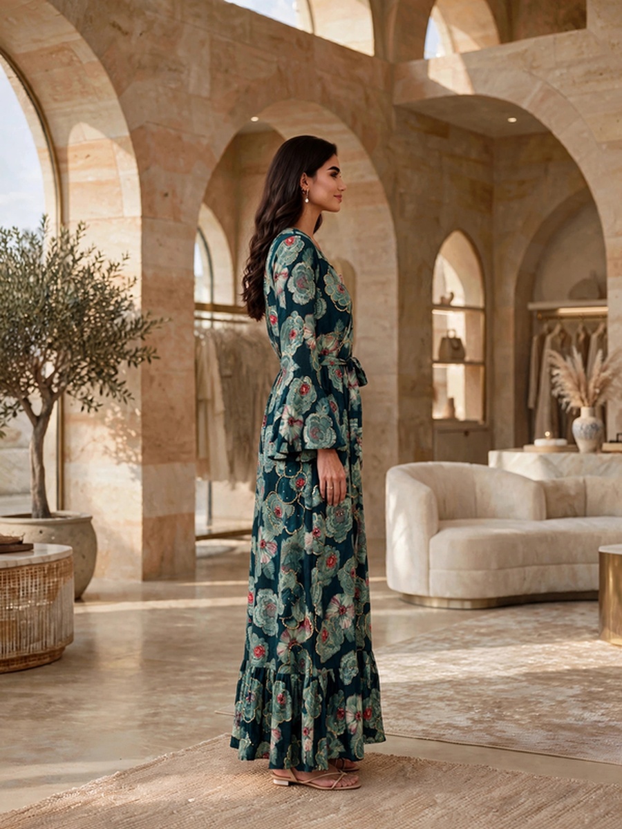 Floral Print Belted V Neck Jalabiya