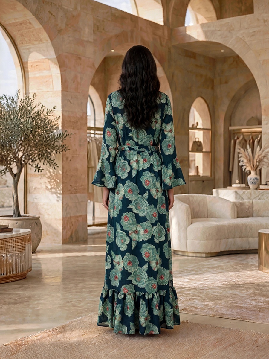 Floral Print Belted V Neck Jalabiya