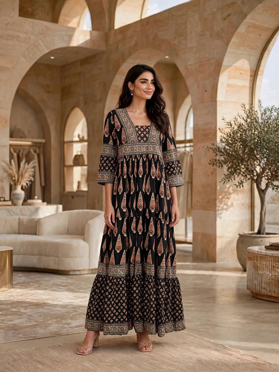 Paisley Block Print Tiered Jalabiya