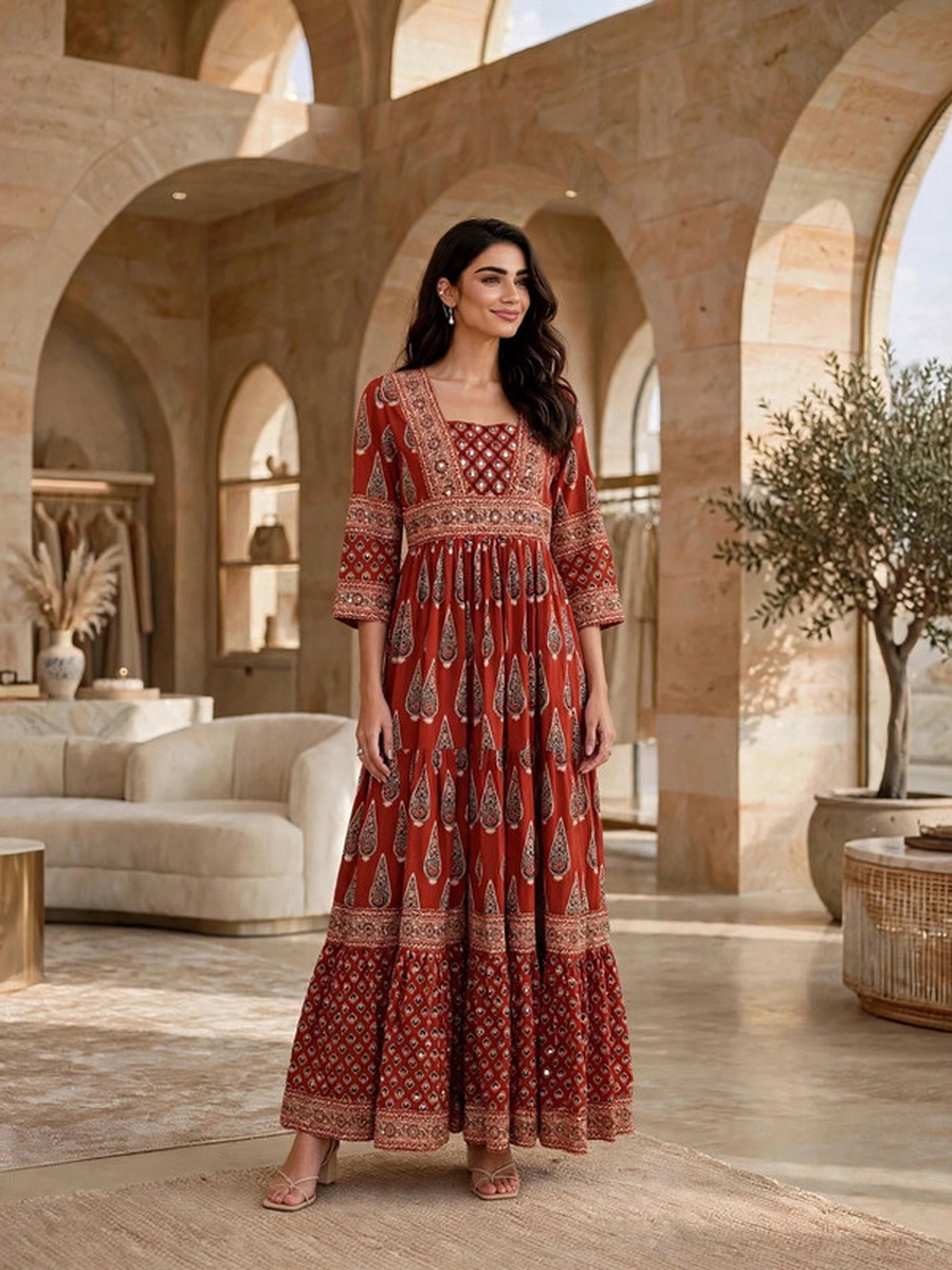 Paisley Block Print Tiered Jalabiya