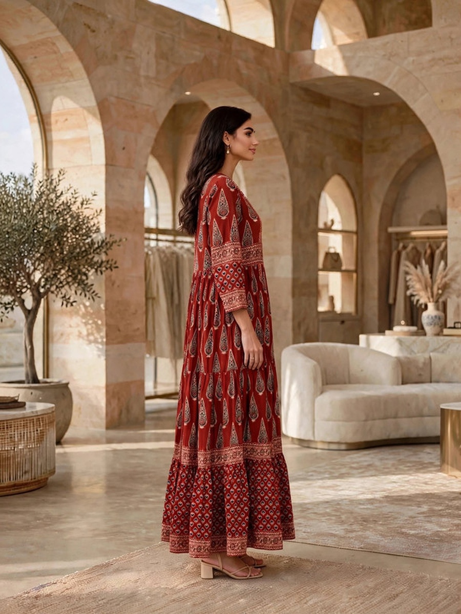 Paisley Block Print Tiered Jalabiya