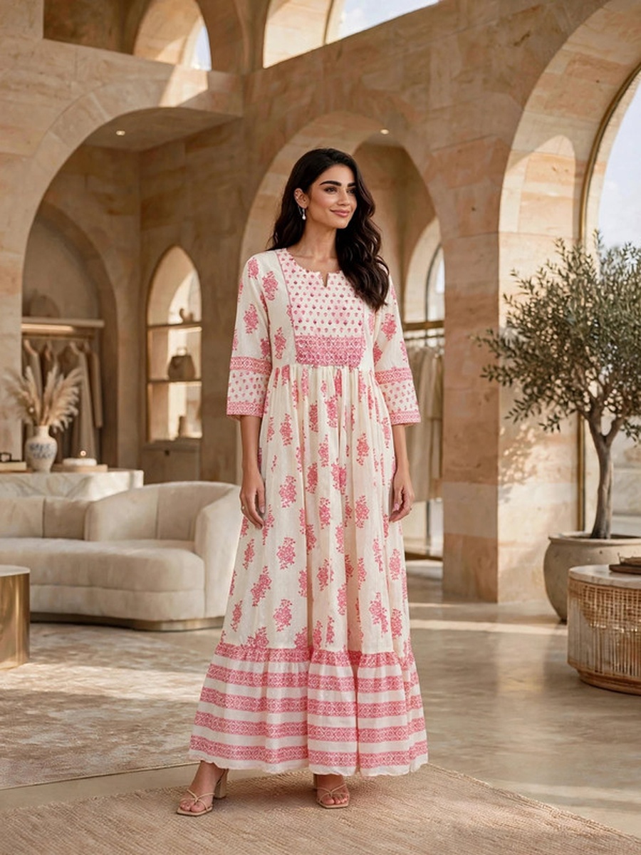 Floral Block Print Tiered Jalabiya