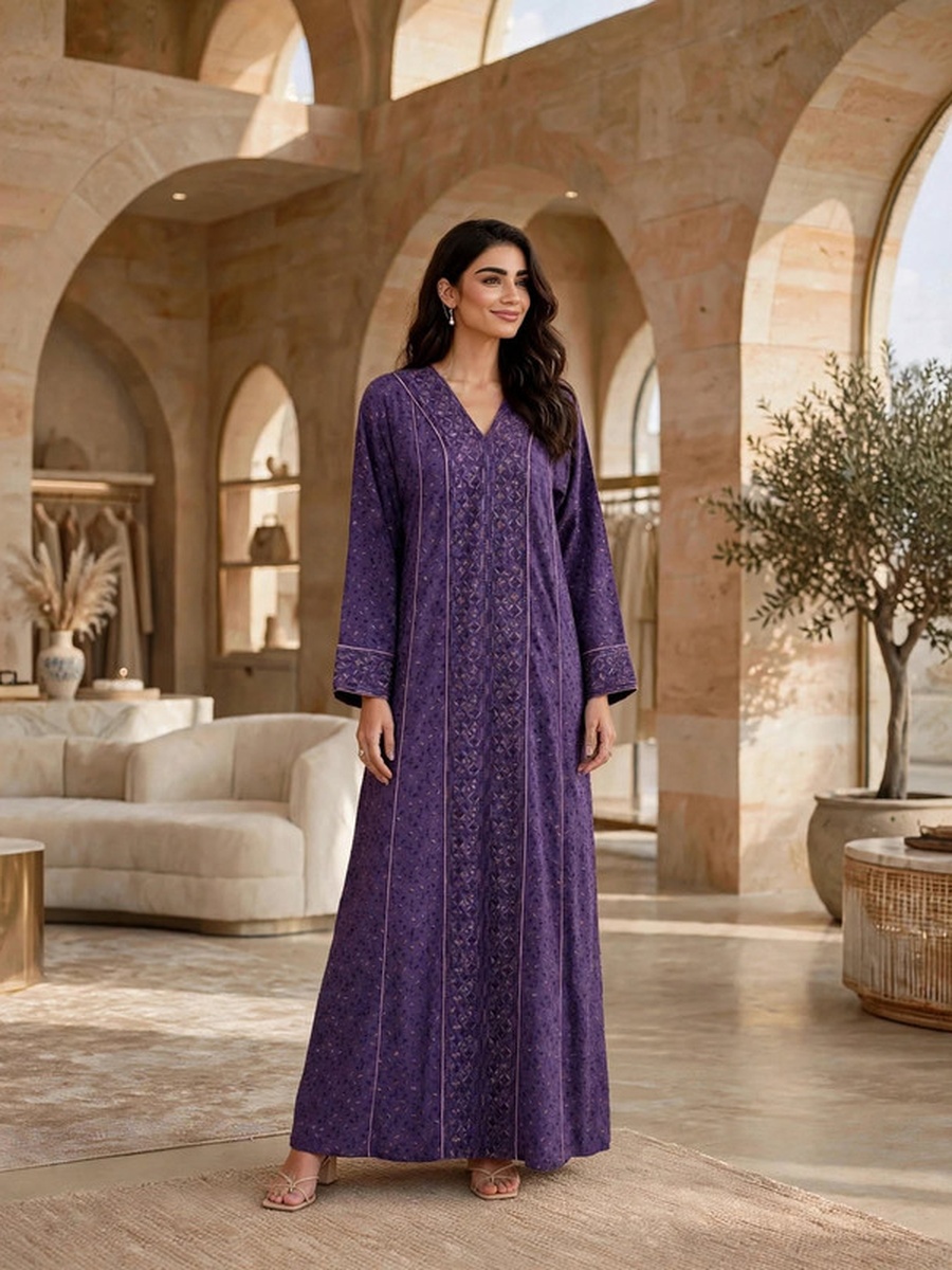 Sequined Textured V Neck Jalabiya