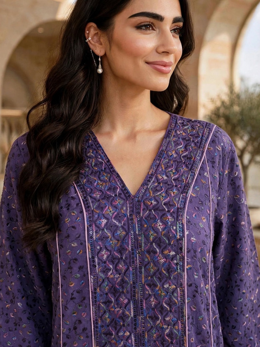 Sequined Textured V Neck Jalabiya